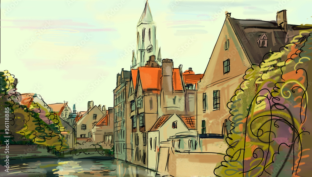 Obraz premium Illustration to the autumn old town