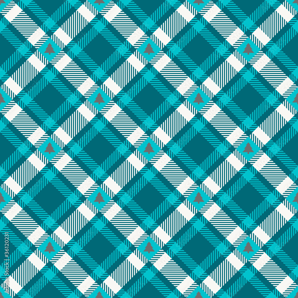 Fototapeta premium Seamless Pattern Turquoise Check Grey Xmas Trees Diagonal