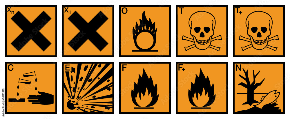 Gefahrstoffzeichen Set Etiketten Gefahrgut Schilder Symbole - obrazy, fototapety, plakaty 