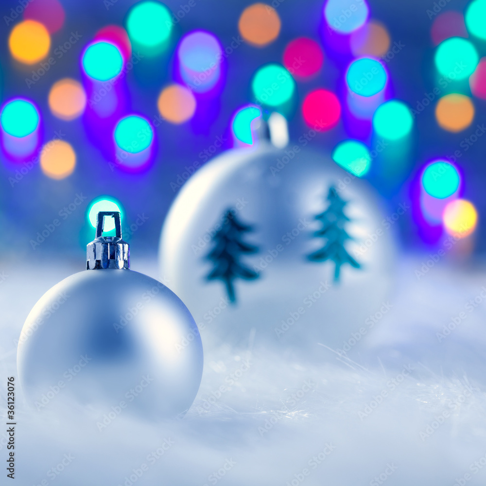 christmas silver baubles witn tree and lights christmas silver baubles witn tree and lights