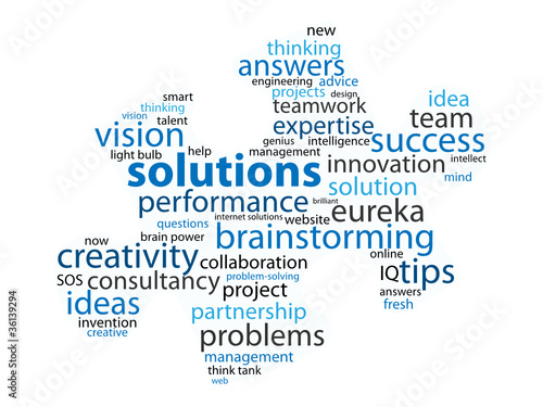 SOLUTIONS Tag Cloud (ideas questions and answers jigsaw piece)