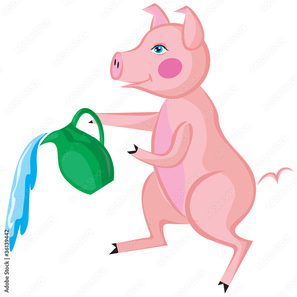 Pink pig with a green pitcher