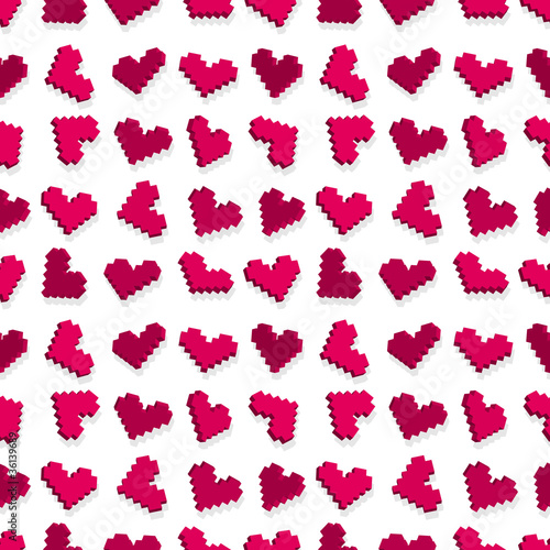 Pink pixel heart seamless pattern. Vector illustration.