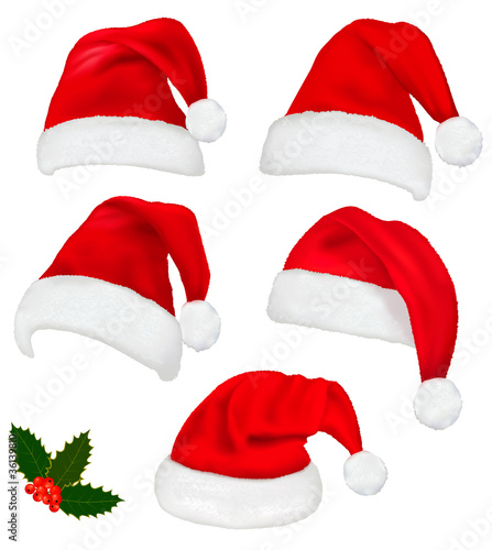 Collection of red santa hats with and Christmas holly. Vector.