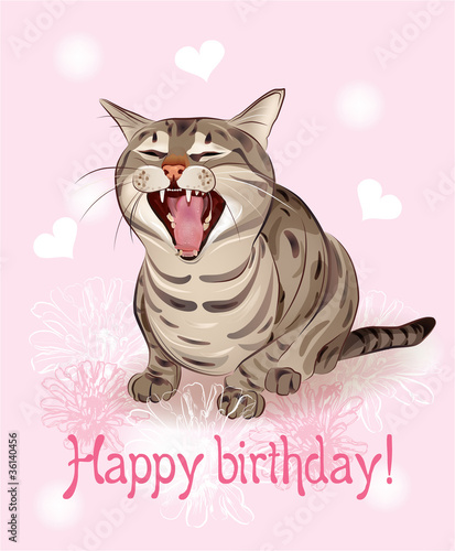 Happy birthday card.   Funny cat sings greeting song. Pink backg