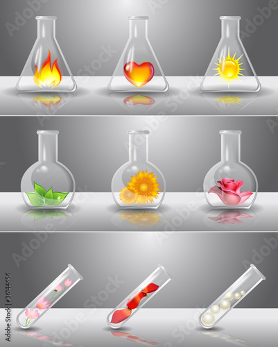 Laboratory flasks with different things inside