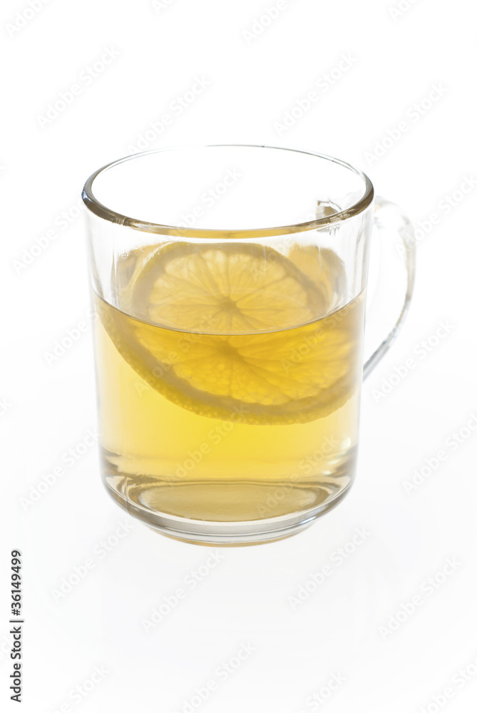 cup of tea with lemon on white cup of tea with lemon on white