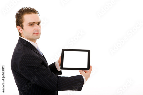 Business man showing tablet computer. Isolated over white backgr