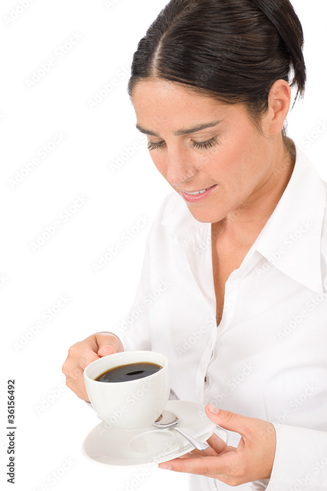 Smiling businesswoman attractive hold coffee cup Smiling businesswoman attractive hold coffee cup