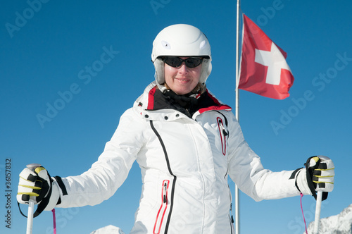 Skiing - portrait of female skier in Swiss Alps