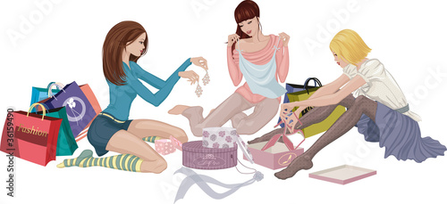 Girls looking at purchased clothing and accessories