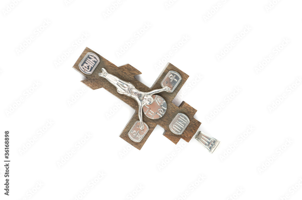 silver and wooden cross