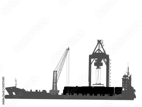 silhouette of ship in port on unloading under the crane