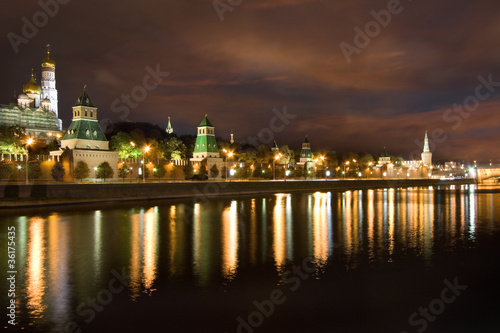 Kremlin wall and Moscow river at night