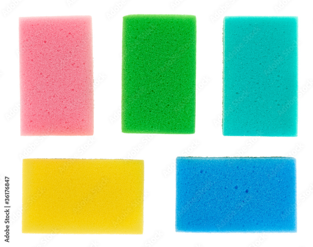 Five multicolored cellulose kitchen sponges, isolated on white