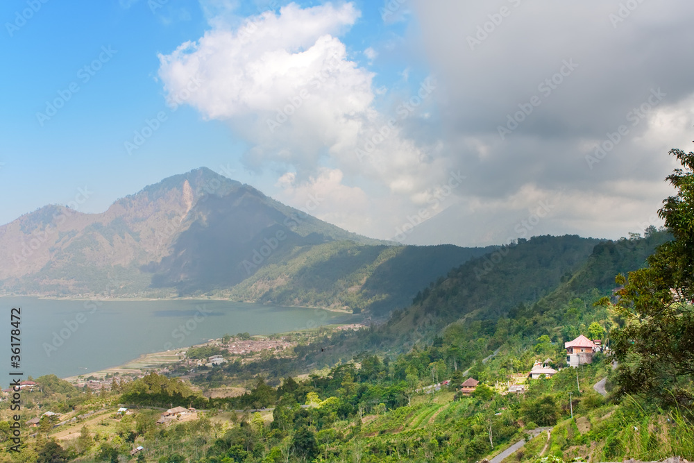 Mountain Agung and volcanic lake at bottom.Bali.Indonesia