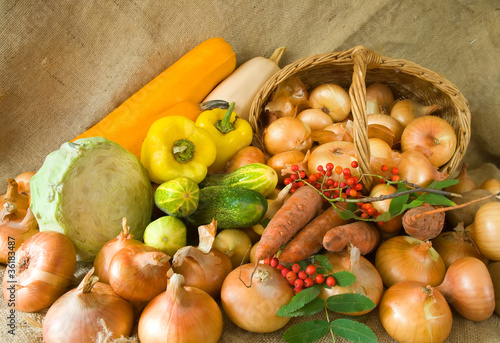 onion  in basket and vegetables