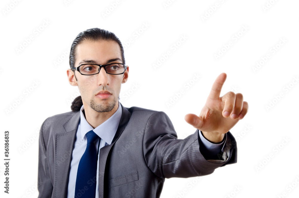 Businessman pressing virtual buttons Businessman pressing virtual buttons