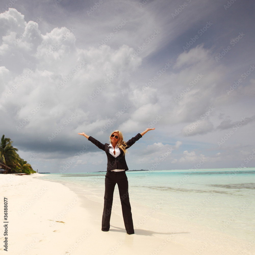 happy business woman on the ocean coast happy business woman on the ocean coast