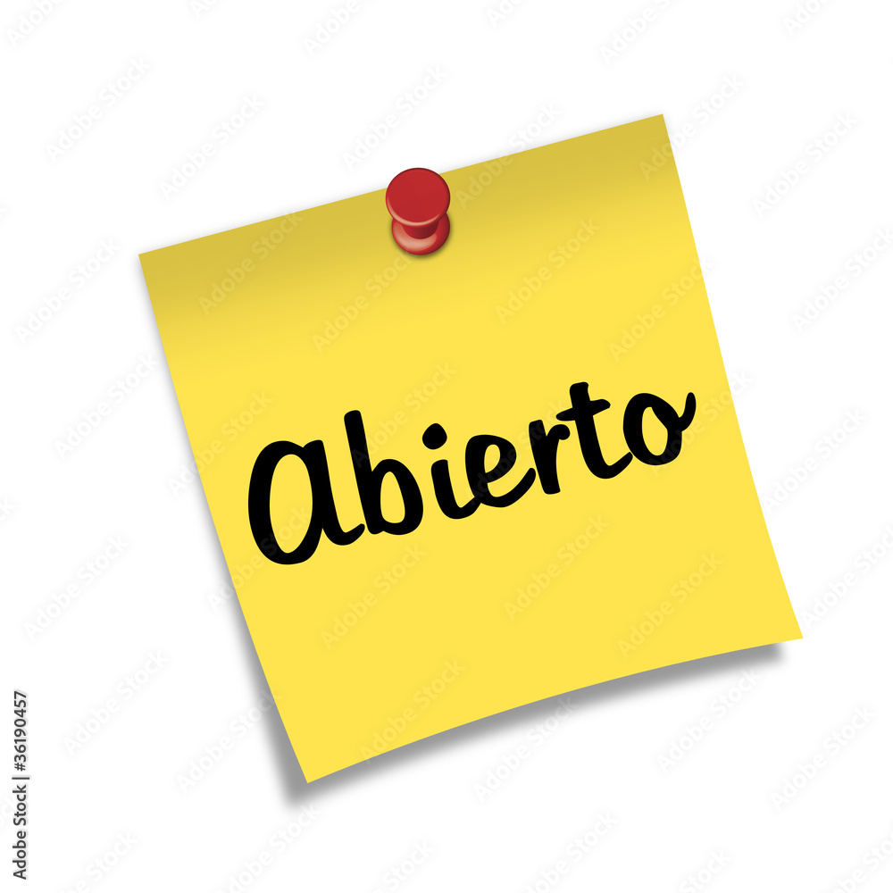 Post-it con chincheta texto Abierto Post-it con chincheta texto Abierto