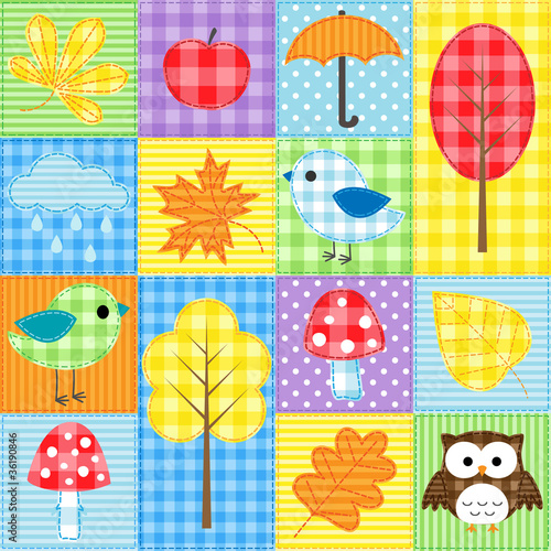 Autumn background with trees, leafs, mushrooms and birds