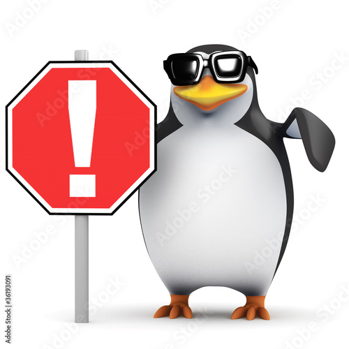 3d Penguin holding Exclamation Sign photo