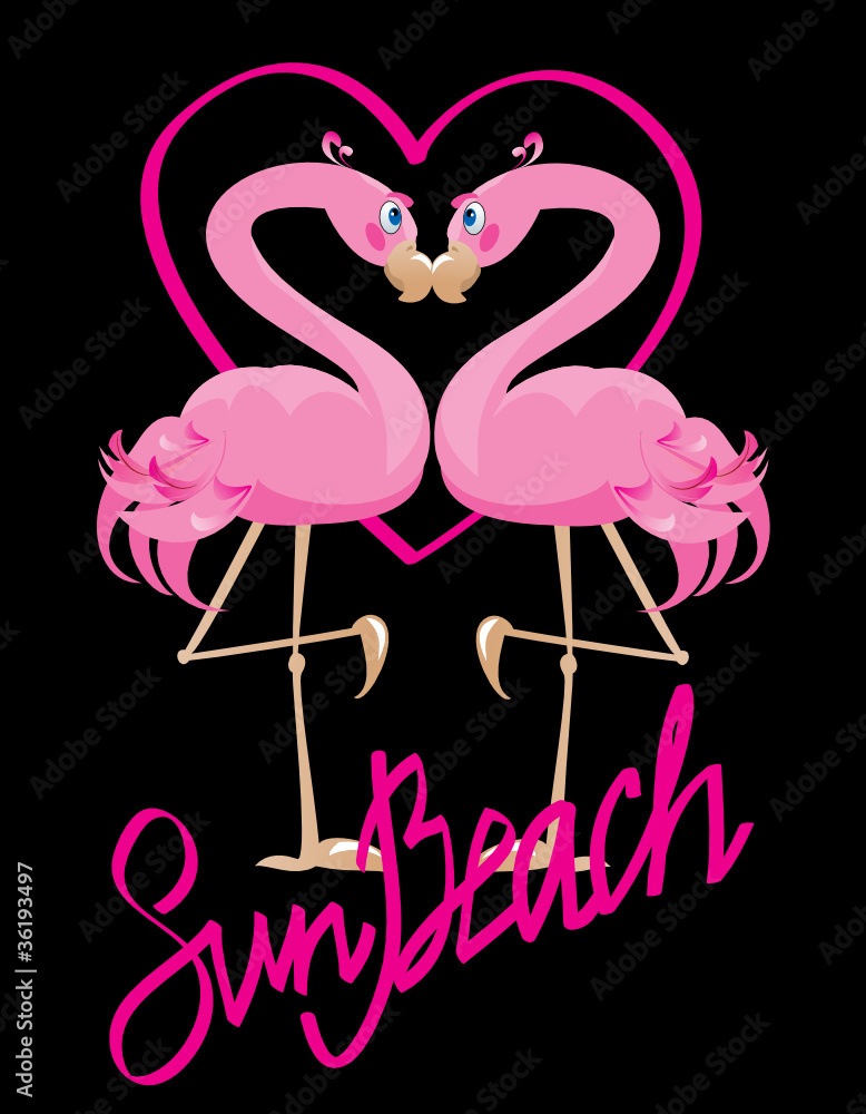 couple of pink flamingos and heart (I love Sun Beach) couple of pink flamingos and heart (I love Sun Beach)