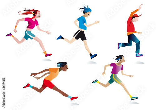 Boys and girls running  white background 