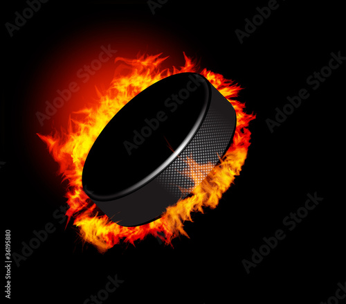 Hockey Puck in Fire isolated on Black Background. Vector.