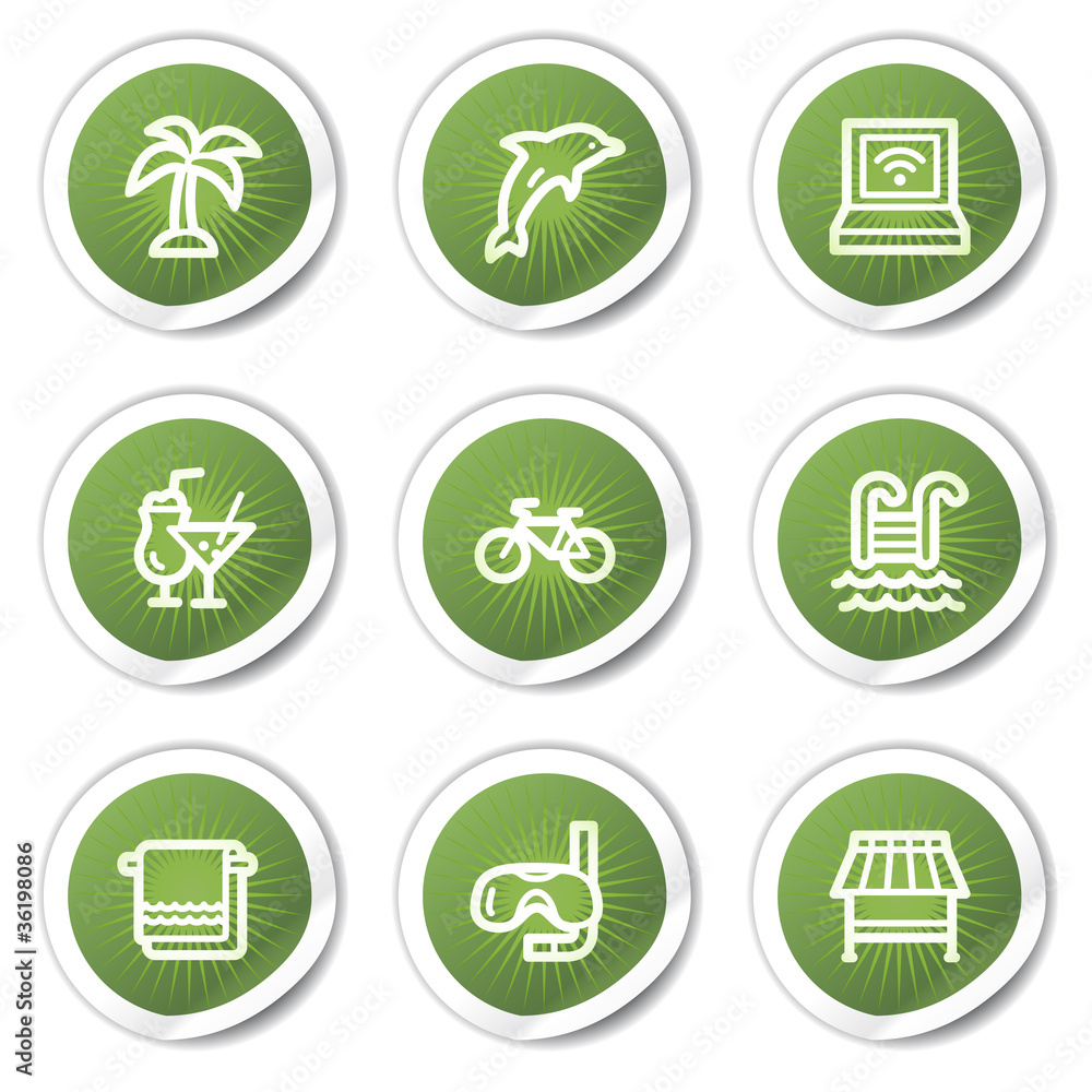 Vacation web icons, green stickers Vacation web icons, green stickers