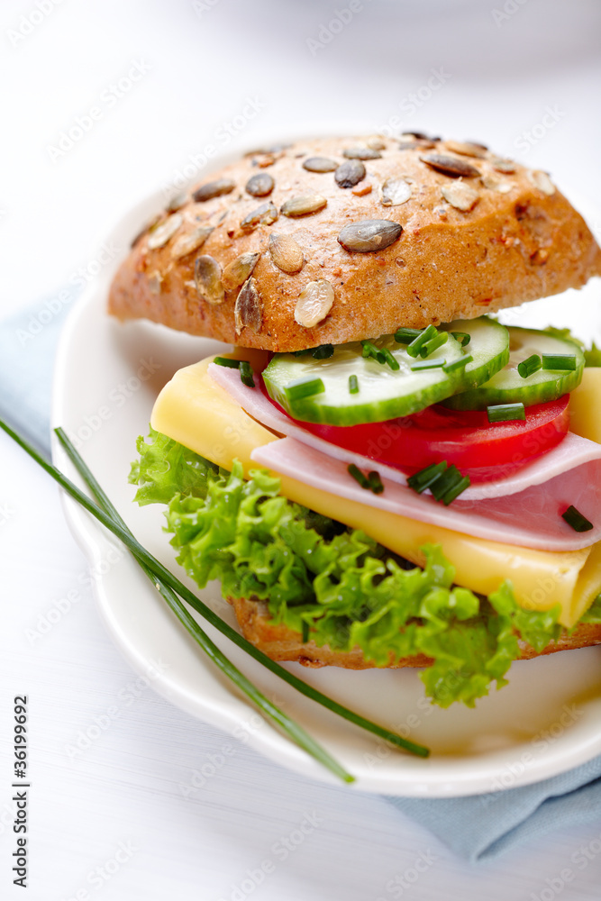 Sandwich with cheese, ham and fresh vegetables