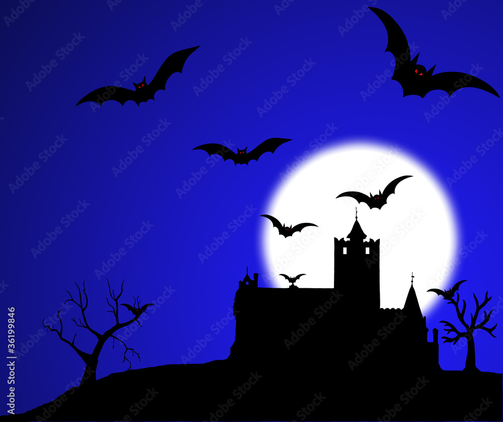 Dracula castle bats illustration