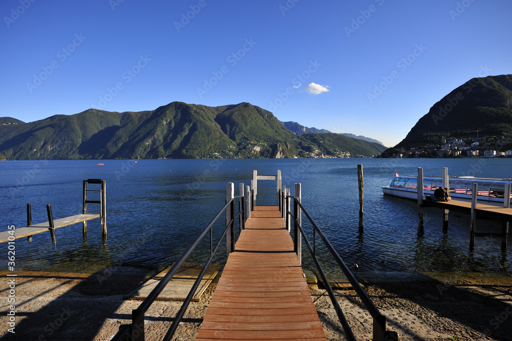 Bridge on Lugano Lake in Switzerland