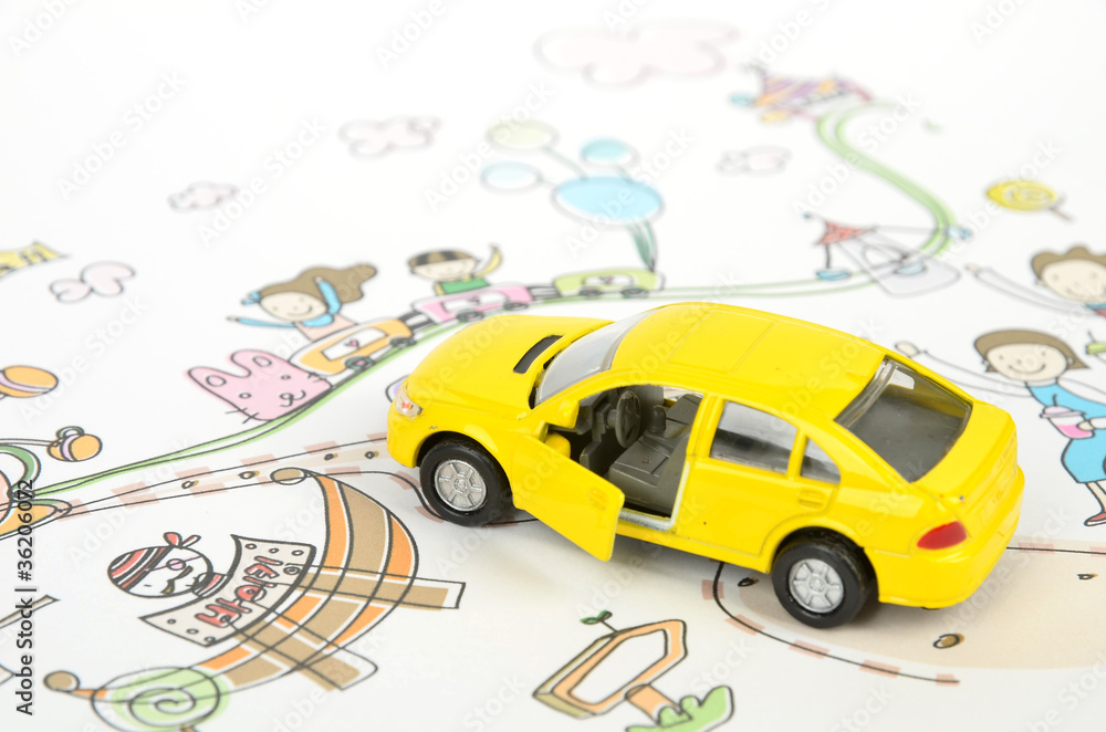Children's drawing and toy car