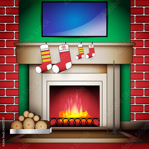 Home Interior with Fireplace Socks and Blank board on Wall