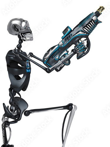 skeleton robot holding a laser gun side view