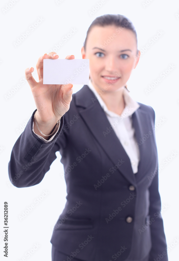 Happy young business woman showing blank Happy young business woman showing blank