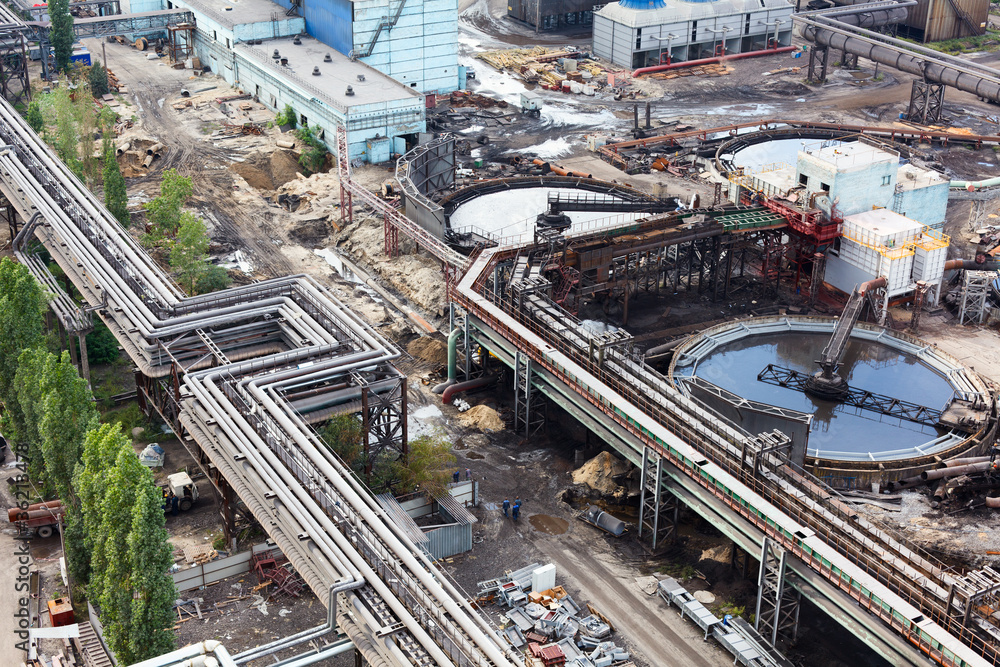 Above-ground gas, oil and heat pipes rack in factory area