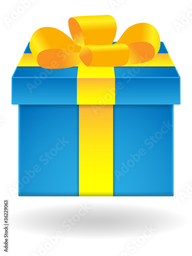 Blue gift box with red ribbon on white background