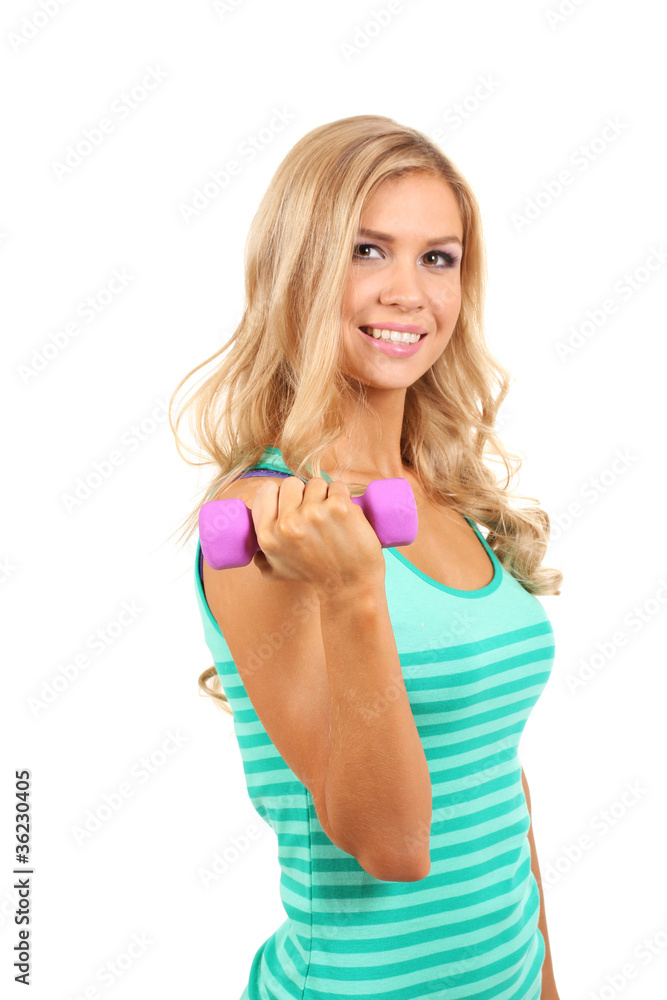 Beautiful girl with dumbbells isolated on white Beautiful girl with dumbbells isolated on white