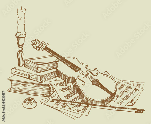 Vector still life of a violin, books and pages with notes