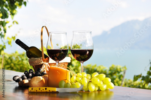 Red wine, grapes and cheese. Lavaux region, Switzerland