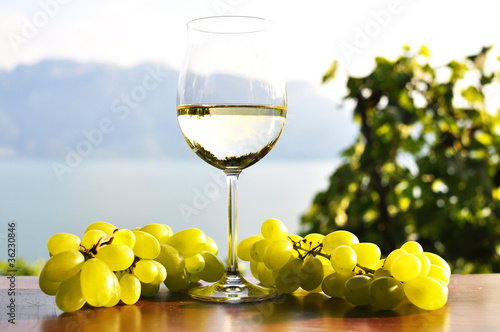 Wineglass and bunch of grapes. Lavaux region  Switzerland