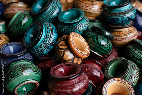 decorated ashtrays and traditional morocco souvenirs in medina