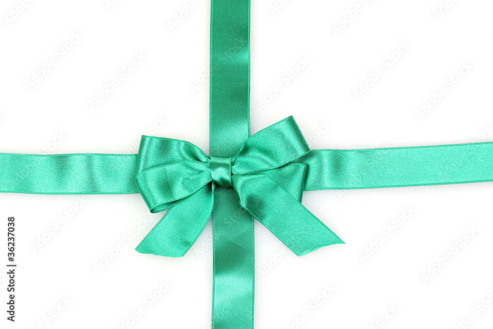 Green  ribbon and bow isolated on white background