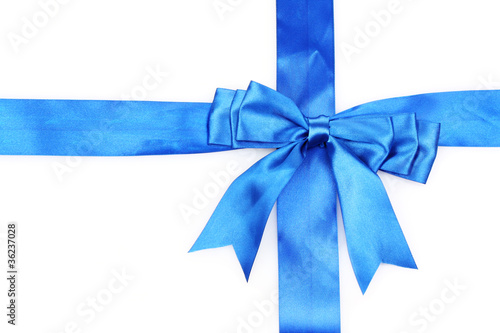 Blue ribbon and bow isolated on white background