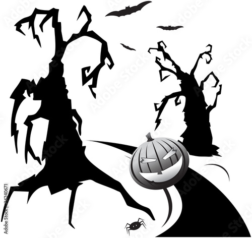 trees, hallowen pumpkin and bats