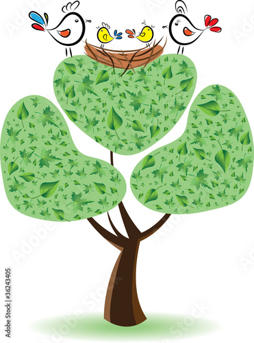 Birds on the tree with nestlings.Vector illustration