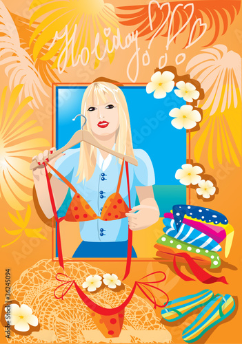 blondy girl try on bikini and dreaming about vacation  holiday