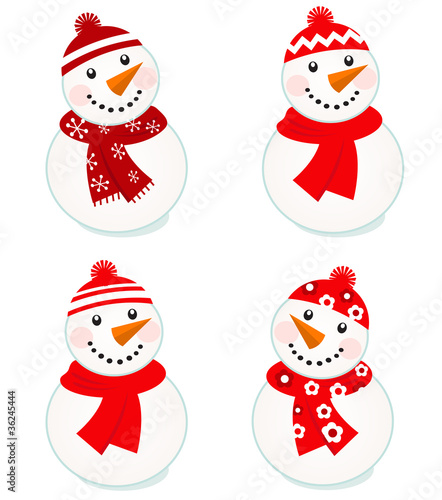 Cute vector snowmen collection isolated on white ( red )..